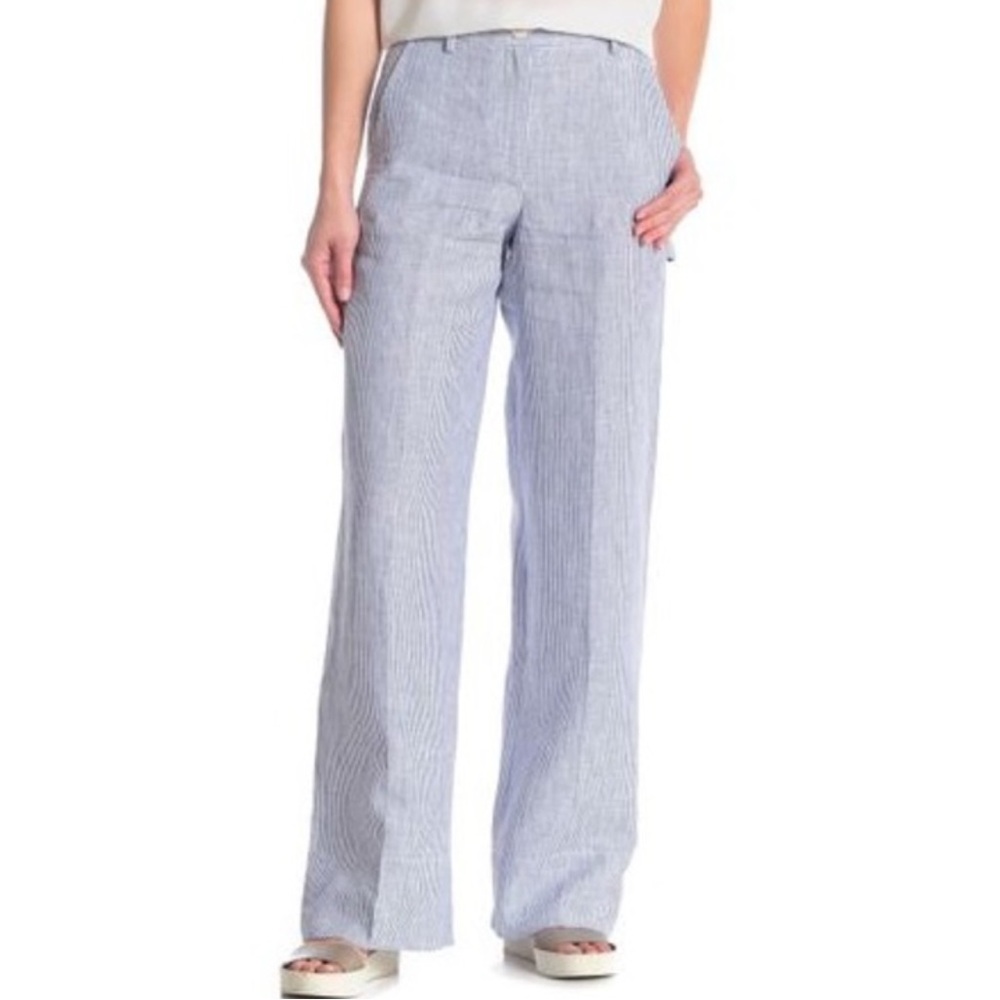 THEORY Carpenter Pants Linen Stripe Blue and White Wide Leg - Picture 3 of 10